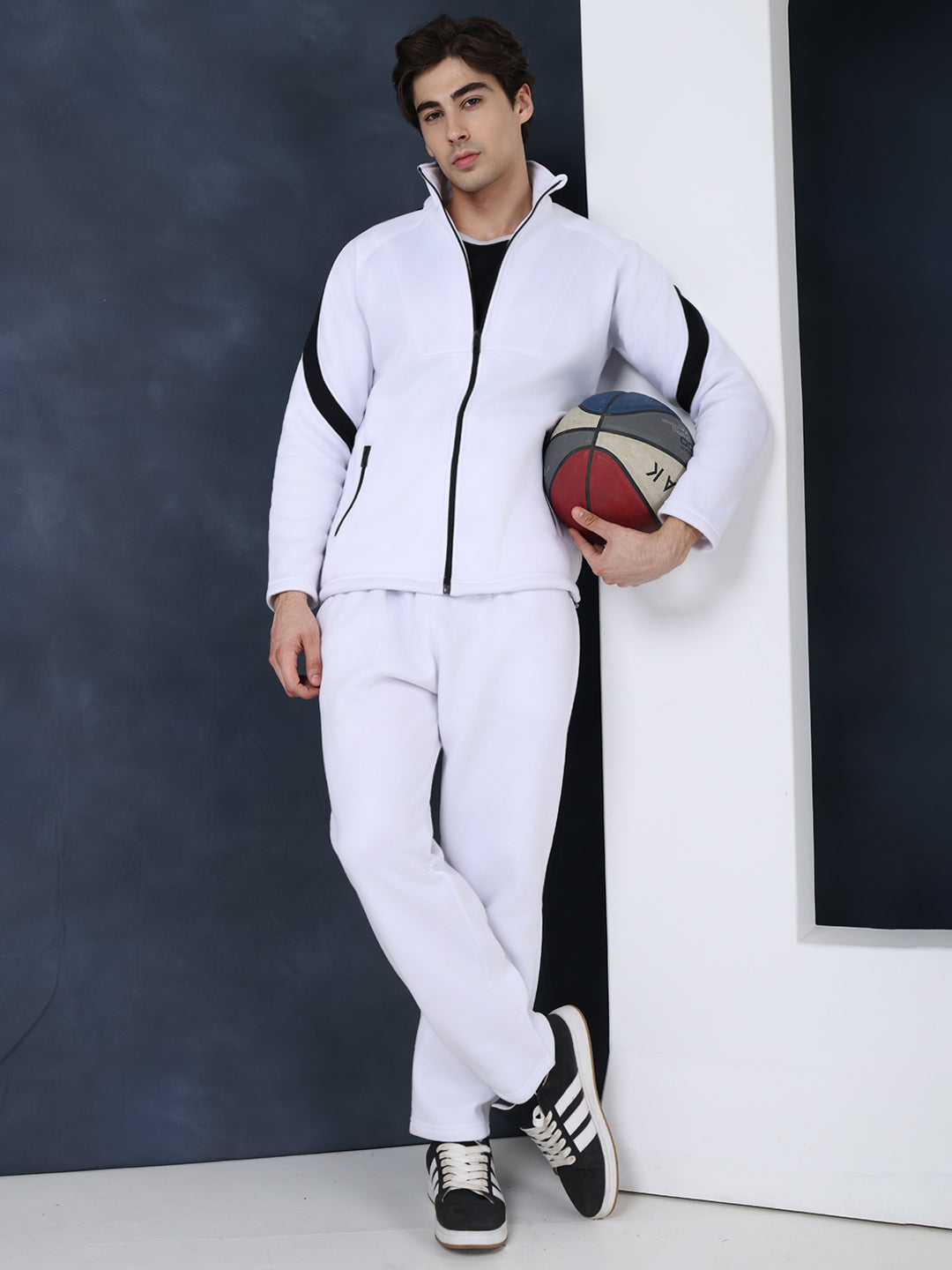 Men White Black Full Zipper Winter Tracksuit