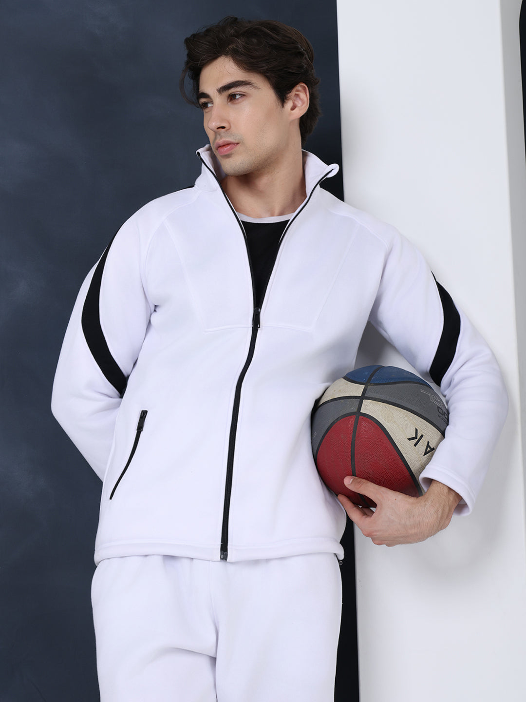 Men White Black Full Zipper Winter Tracksuit