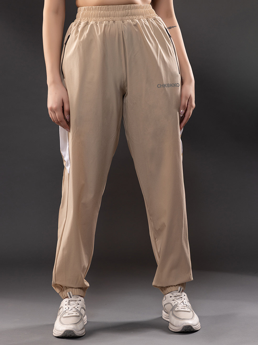 Women Beige White Gym Training Sports Trackpant