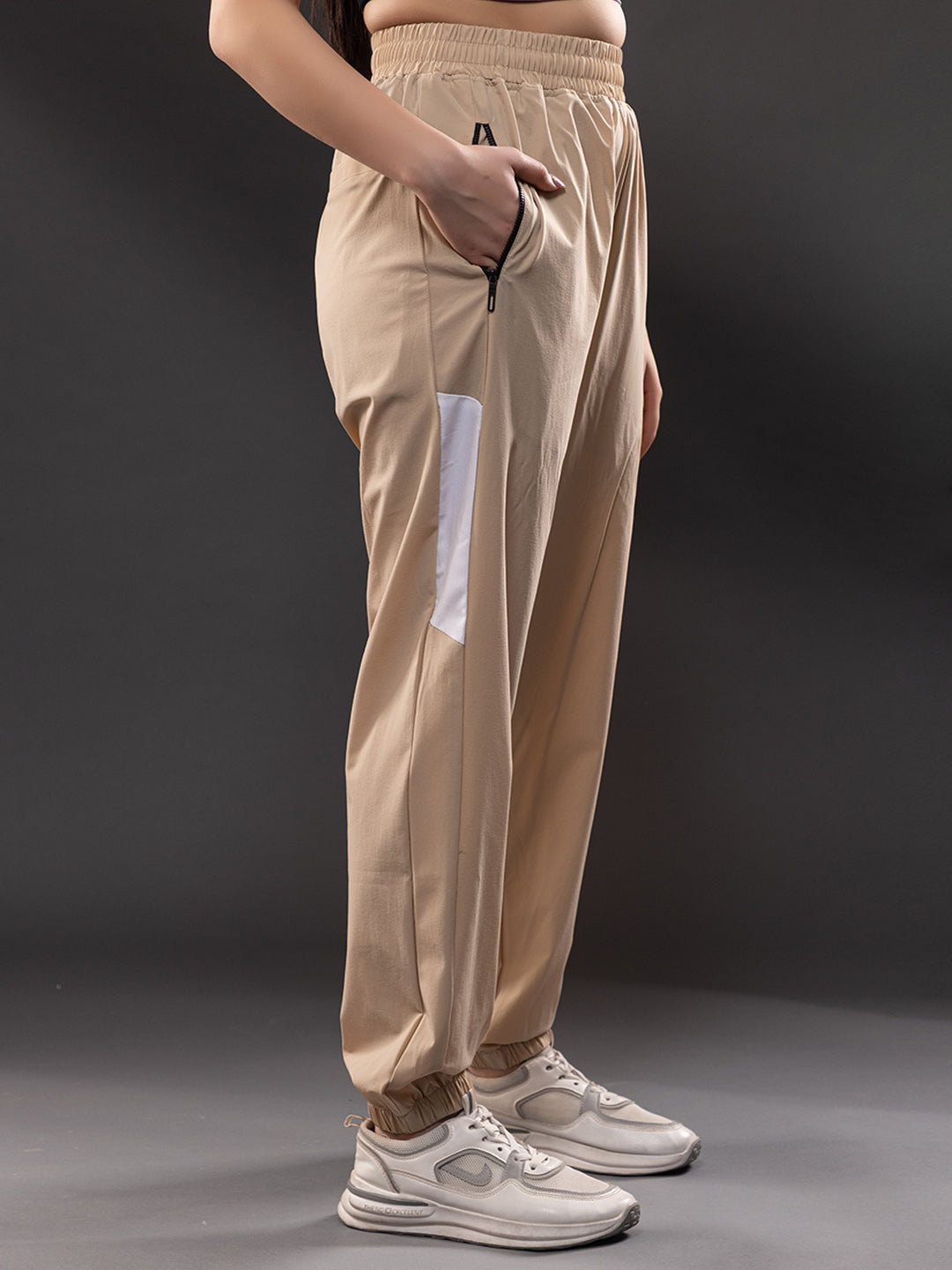 Women Beige White Gym Training Sports Trackpant