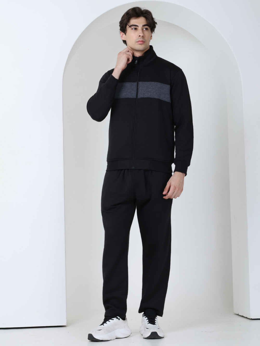 Black Grey Heavy Fleece Winter Tracksuit Men