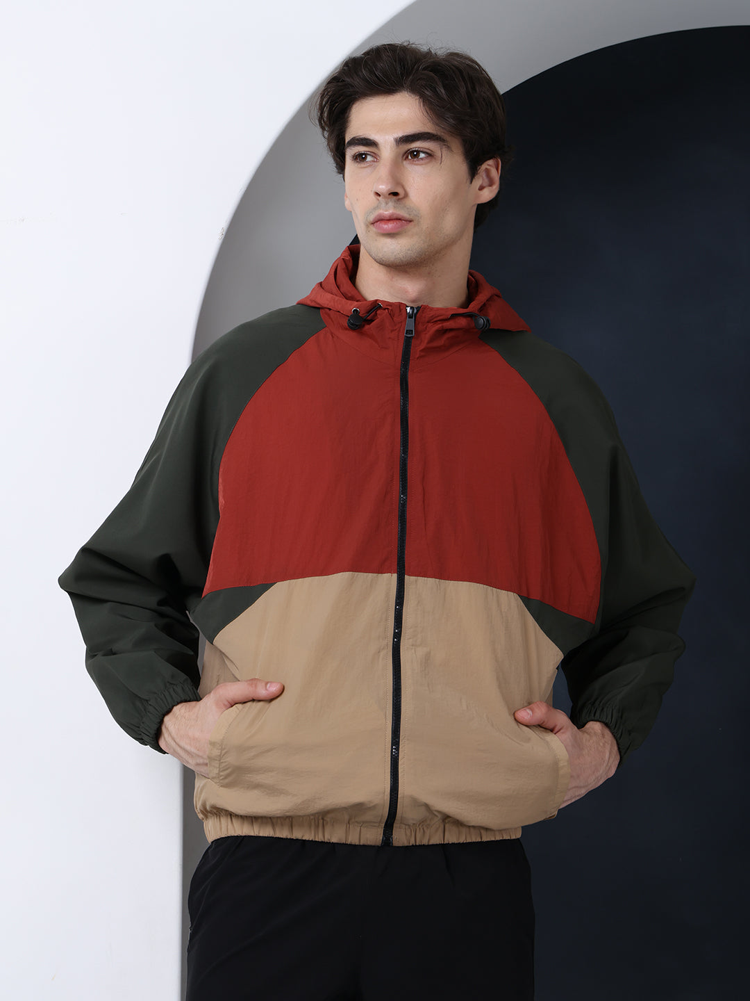Men Rust Beige Olive Hooded Windcheater Oversized Sports Jacket