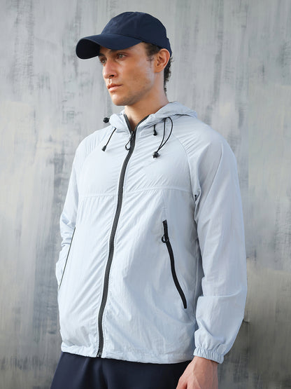 Men Iceblue Hooded Windcheater Sports Jacket