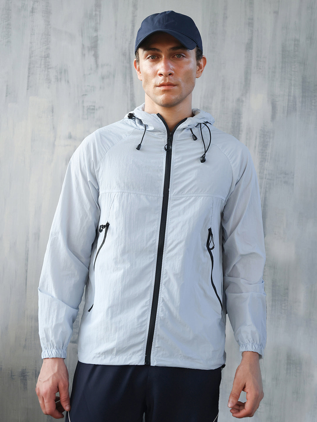 Men Iceblue Hooded Windcheater Sports Jacket