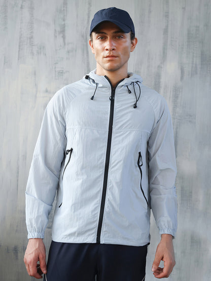 Men Iceblue Hooded Windcheater Sports Jacket