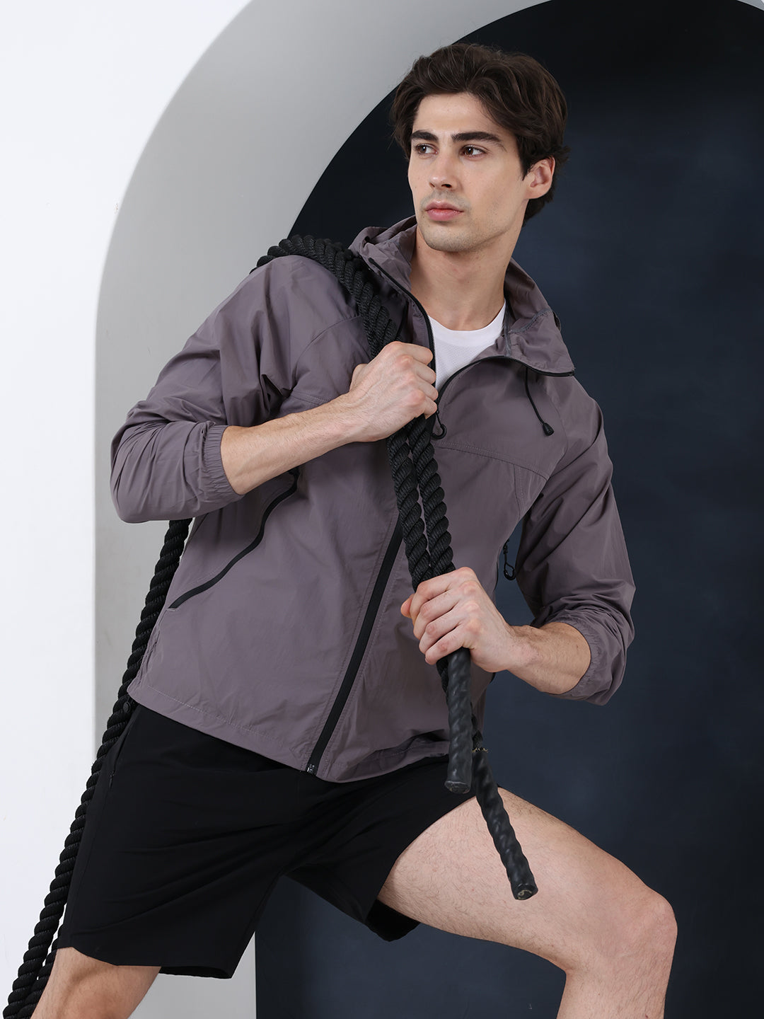 Men’s Grey Lightweight Hooded Windcheater Jacket