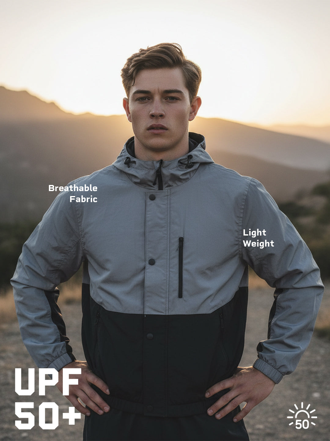 Men’s Lightweight UPF 50+ Sun Protection Summer Grey Black