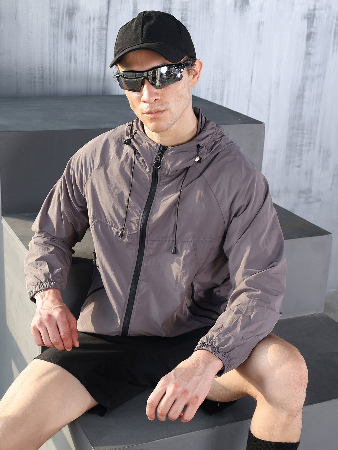 Men Grey Hooded Windcheater Oversized Sports Jacket