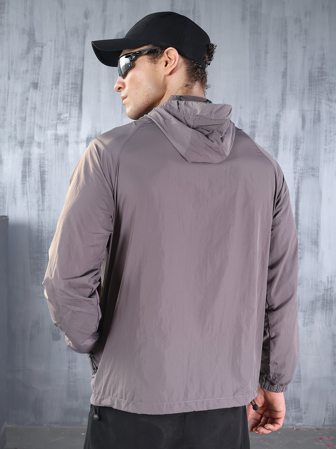 Men Grey Hooded Windcheater Oversized Sports Jacket