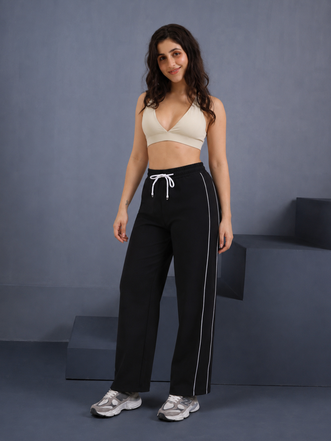 Women's Sports Track Pants with Side Stripes Black