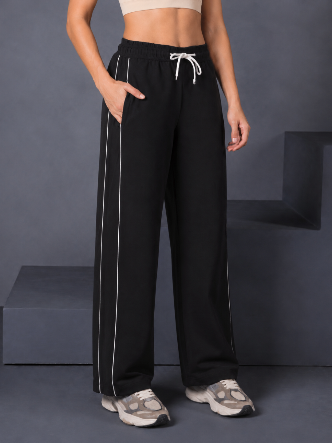 Women's Sports Track Pants with Side Stripes Black