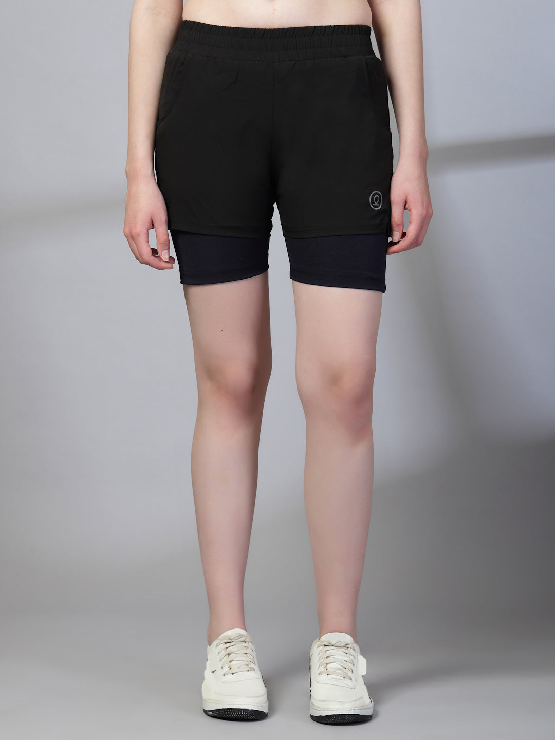 Women's Black Navy Double Layered Sports Running Shorts | CHKOKKO