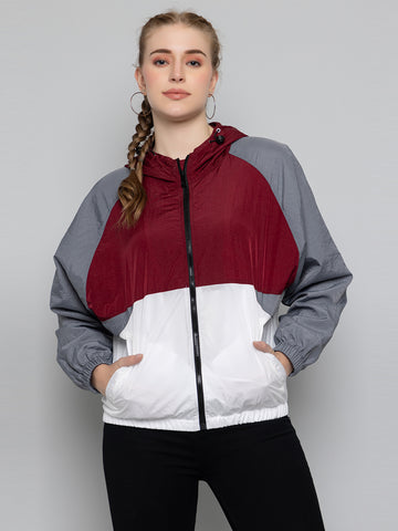 Women Colourblocked Hooded Windcheater Oversized Sports Jacket