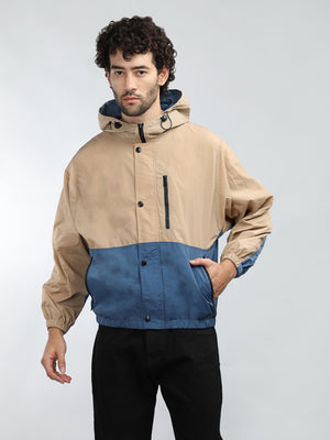 Men Colourblocked Hooded Windcheater Oversized Sports Jacket