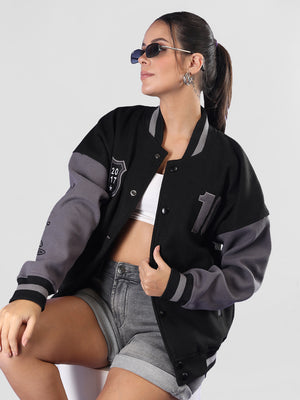 Women Oversized Winter Wear Varsity Jacket with Ribbed Cuffs