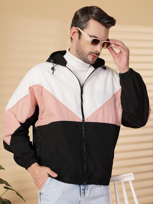 Men Colourblocked Hooded Windcheater Oversized Sports Jacket