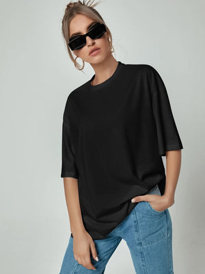 Women Oversized Cotton Solid Round Neck Tshirts