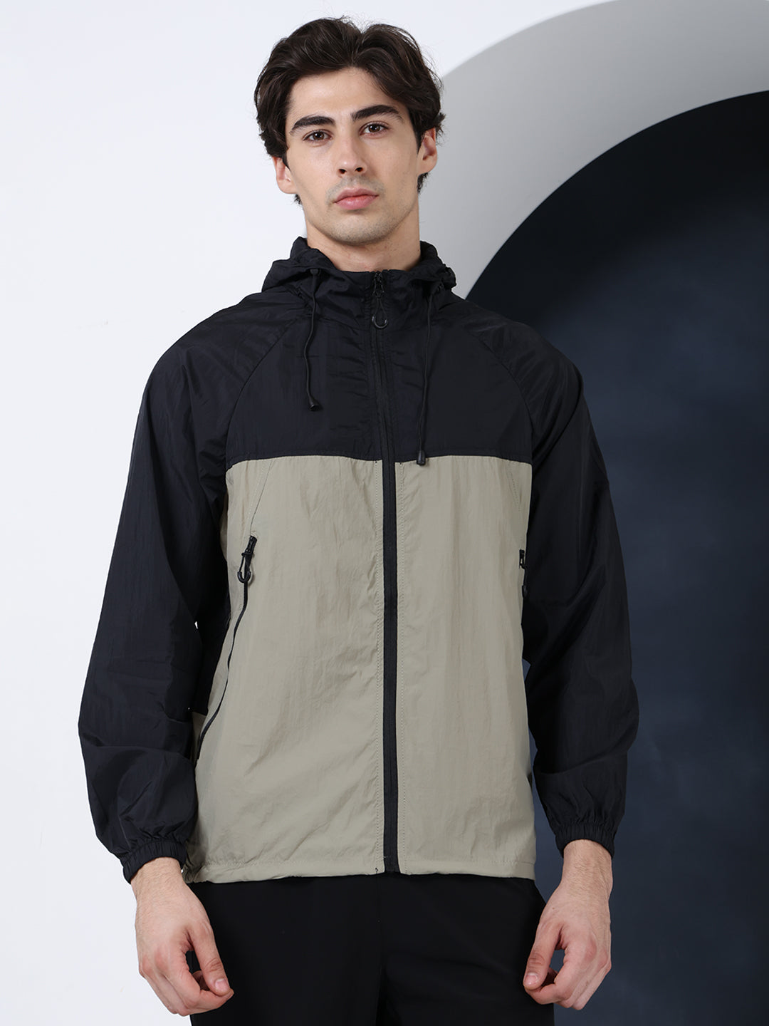 Men’s Black Green Lightweight Hooded Windcheater Jacket