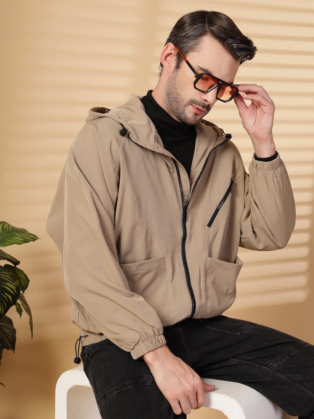 Men Winter Sports Oversized Windcheater Hooded Jacket Khaki