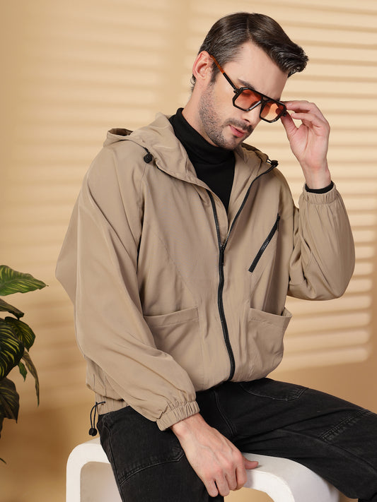 Men Winter Sports Oversized Windcheater Hooded Jacket Khaki