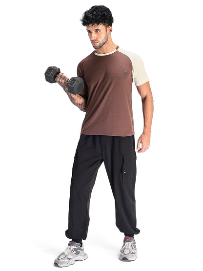 Men's Half Sleeves Sports Gym T-shirt Cream Coffee