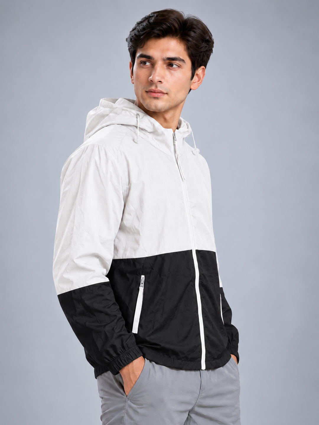 Men’s White Black Lightweight Hooded Windcheater Jacket