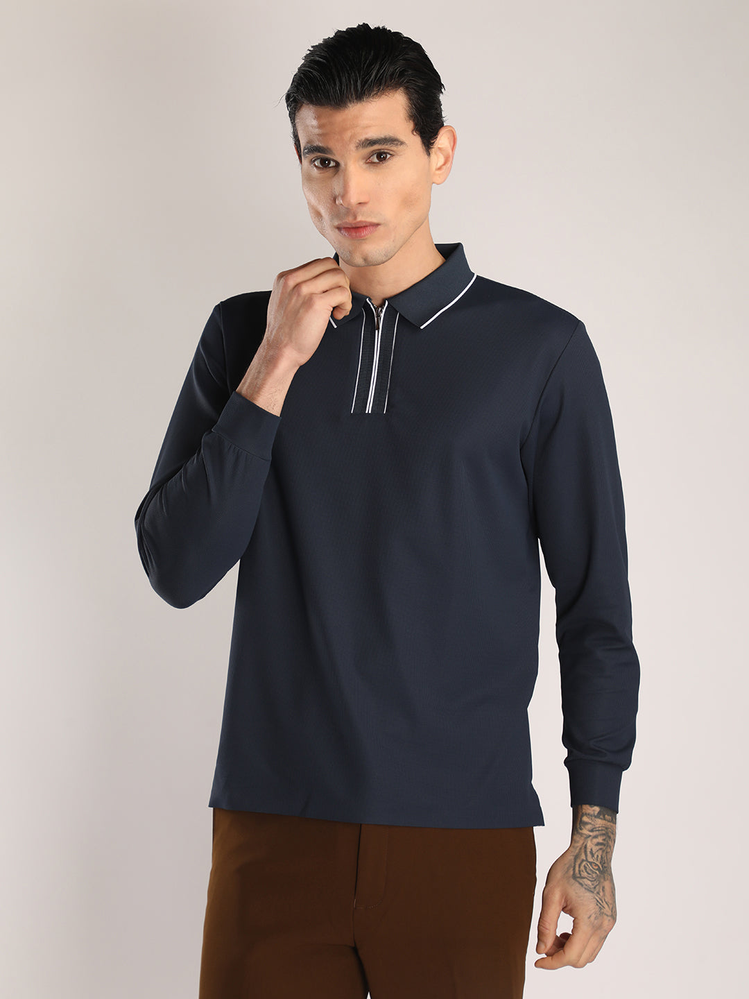 Men's Navy Blue Full Sleeve Polo Sports T-Shirt