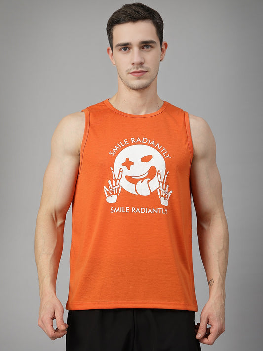 Men Orange Printed Gym Tank Tops Sports Sleeveless Vest