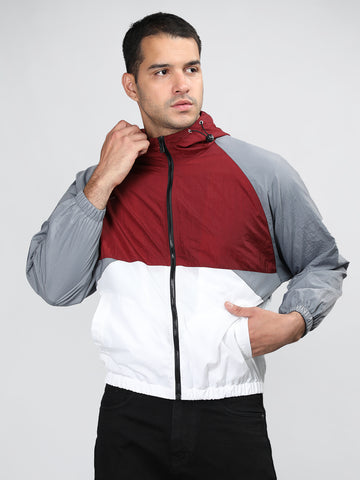 Men Colourblocked Hooded Windcheater Oversized Sports Jacket