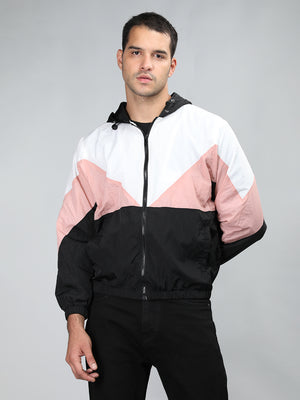 Men Colourblocked Hooded Windcheater Oversized Sports Jacket