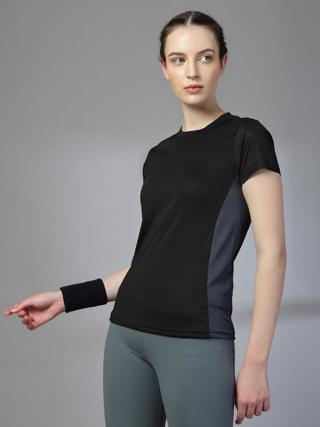 Women's Half Sleeve Dry Fit Active Wear Sports T-shirts Black Grey