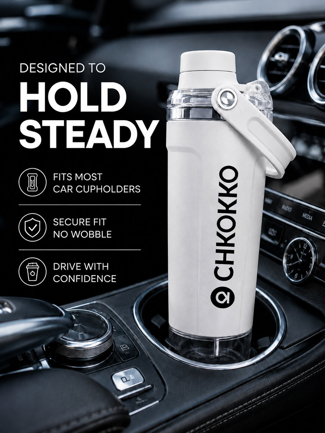 Chkokko Activate Protein Shaker Bottle 600ml with Carry Handle & Leakproof Lid White