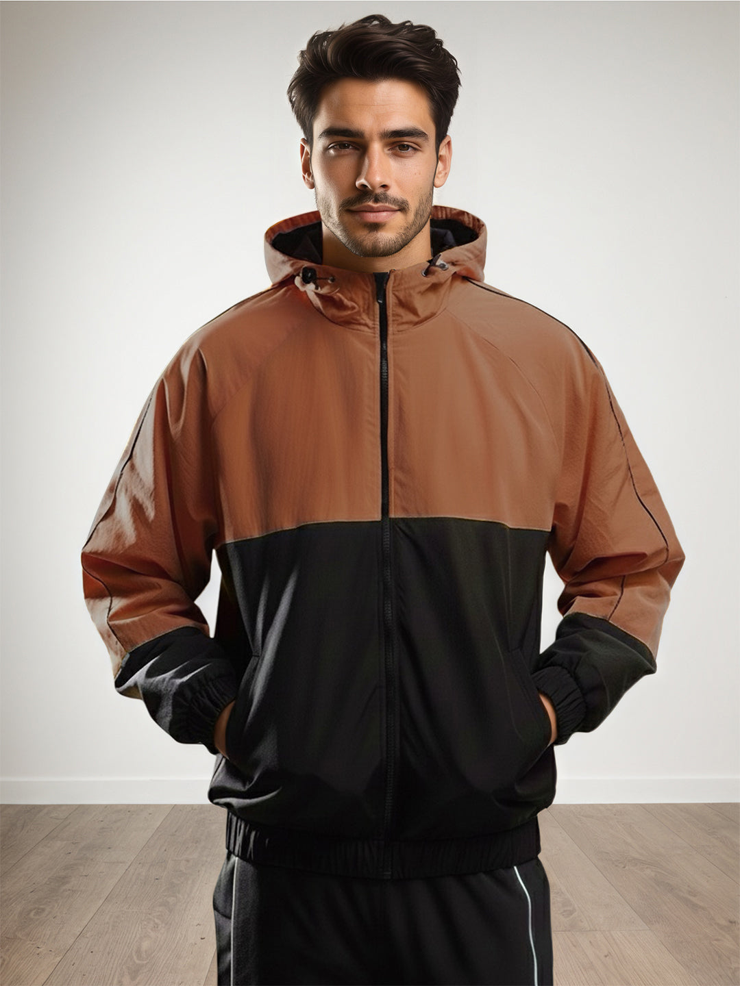 Men Hooded Windcheater Oversized Sports Jacket Rust Black