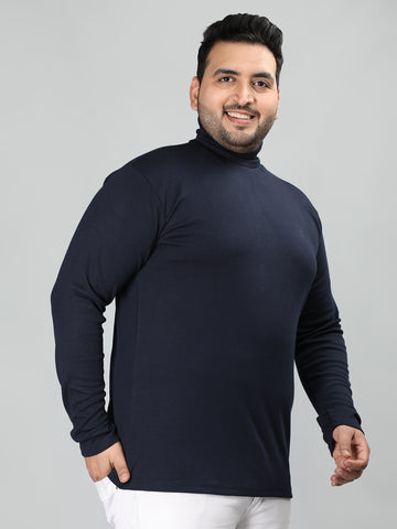 Men Navy Blue Winter Wear Cotton Turtle Neck Regular Fit T Shirt