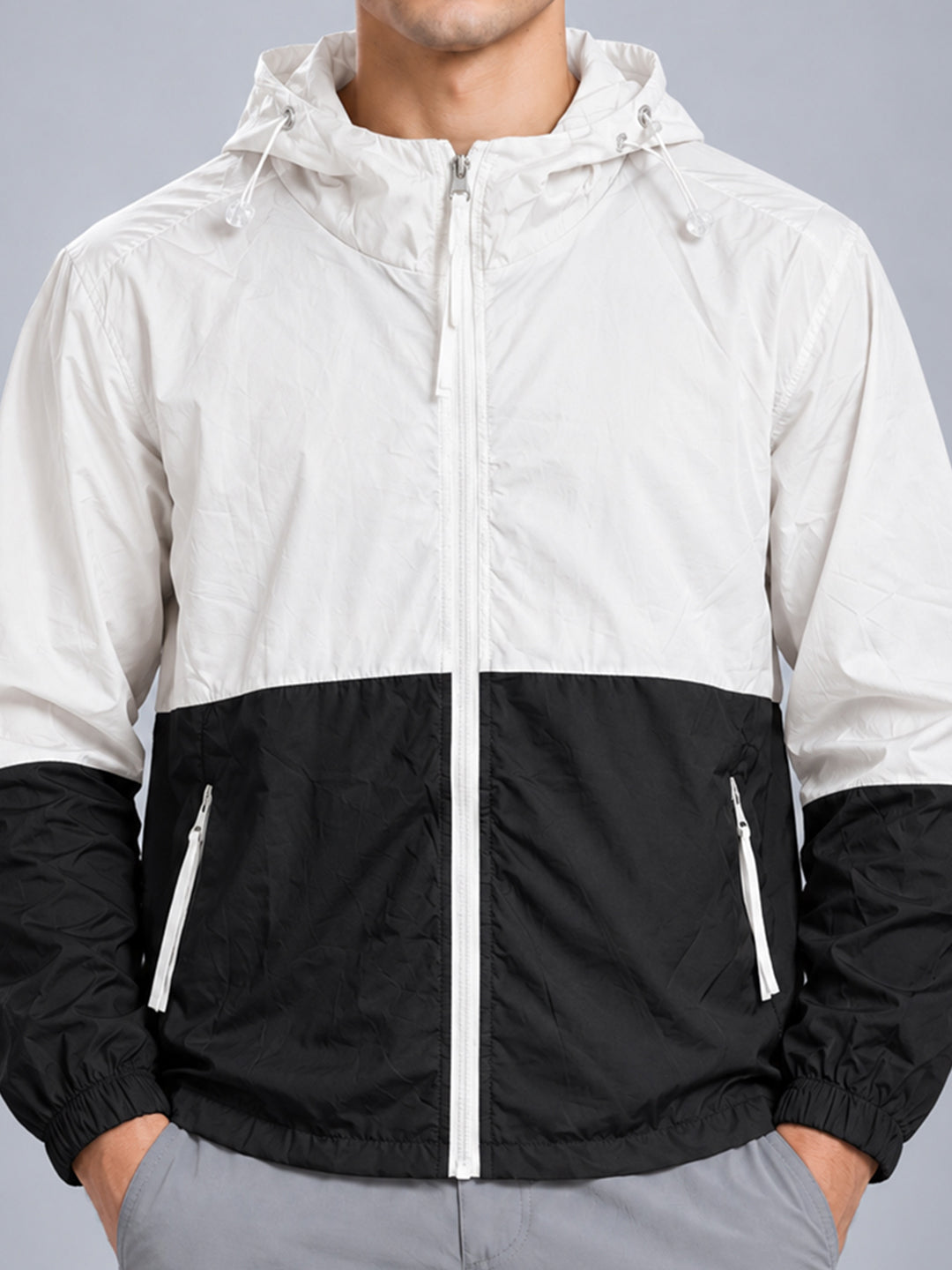 Men’s White Black Lightweight Hooded Windcheater Jacket