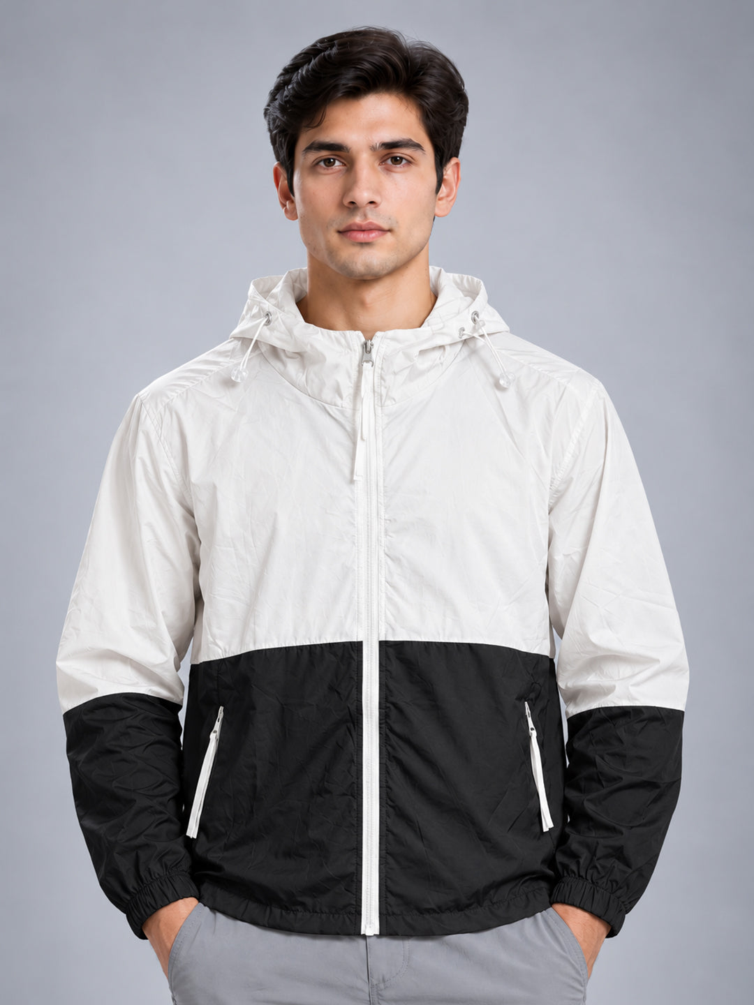 Men’s White Black Lightweight Hooded Windcheater Jacket
