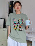 Women Oversized Round Neck Drop Shoulder Printed Cotton T-Shirt