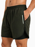 Men Double Layered Sports Running Shorts Olive Black