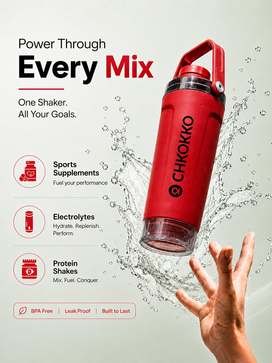 Chkokko Activate Protein Shaker Bottle 600ml with Carry Handle & Leakproof Lid Red