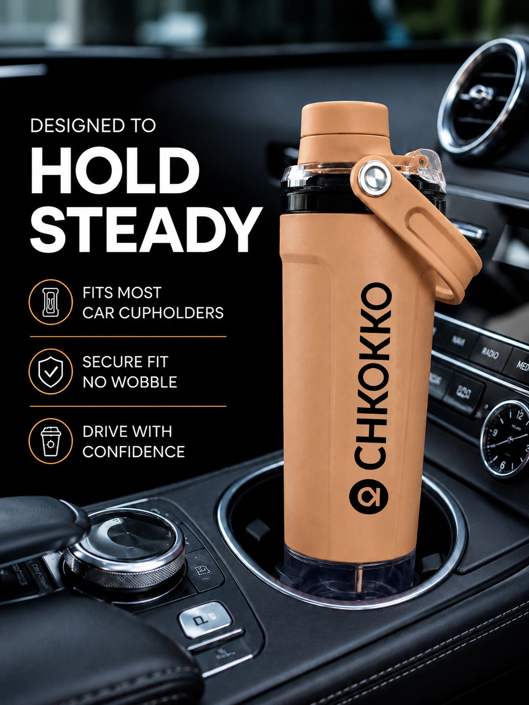 Chkokko Activate Protein Shaker Bottle 600ml with Carry Handle & Leakproof Lid Dusty Peach