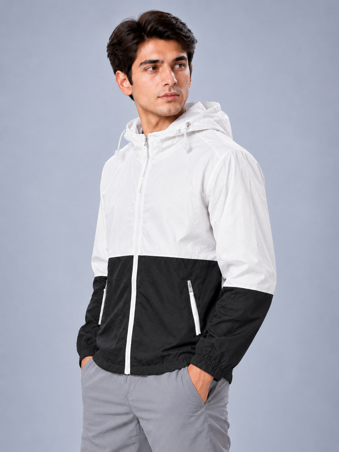 Men’s White Black Lightweight Hooded Windcheater Jacket