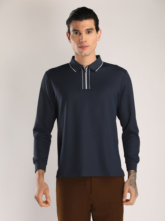 Men's Navy Blue Full Sleeve Polo Sports T-Shirt