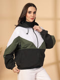 Women Colourblocked Hooded Windcheater Oversized Sports Jacket