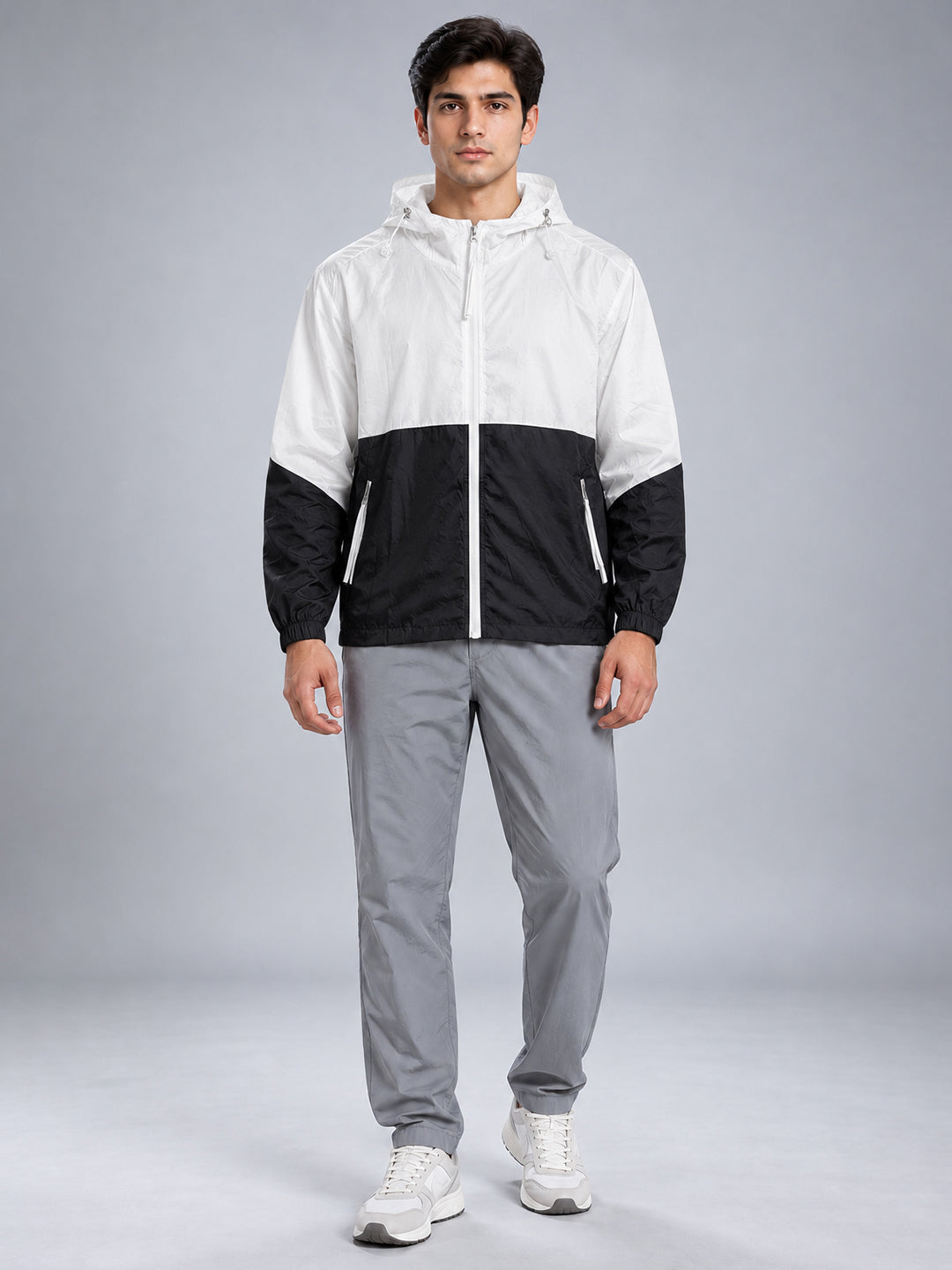 Men’s White Black Lightweight Hooded Windcheater Jacket