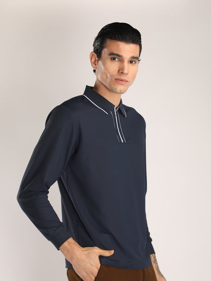 Men's Navy Blue Full Sleeve Polo Sports T-Shirt