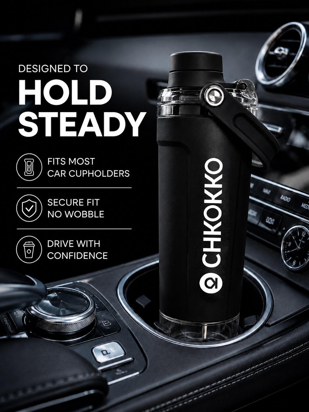 Chkokko Activate Protein Shaker Bottle 600ml with Carry Handle & Leakproof Lid Black