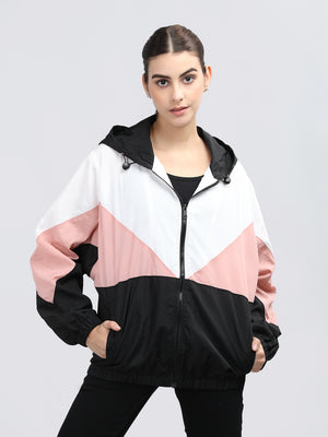 Women Colourblocked Hooded Windcheater Oversized Sports Jacket