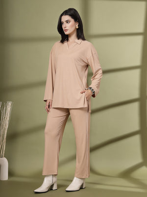 Women's Beige Solid Summer Polyester Co-ord set