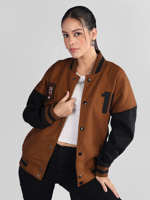 Women Oversized Winter Wear Varsity Jacket with Ribbed Cuffs