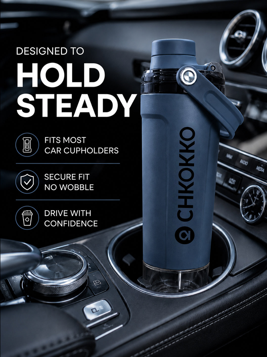 Chkokko Activate Protein Shaker Bottle 600ml with Carry Handle & Leakproof Lid Slate Blue
